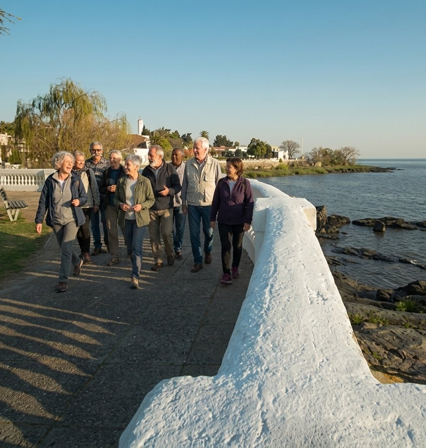 Un grupo de personas camina conversando por la rambla de Colonia del Sacramento, junto al río, en una tarde de sol.